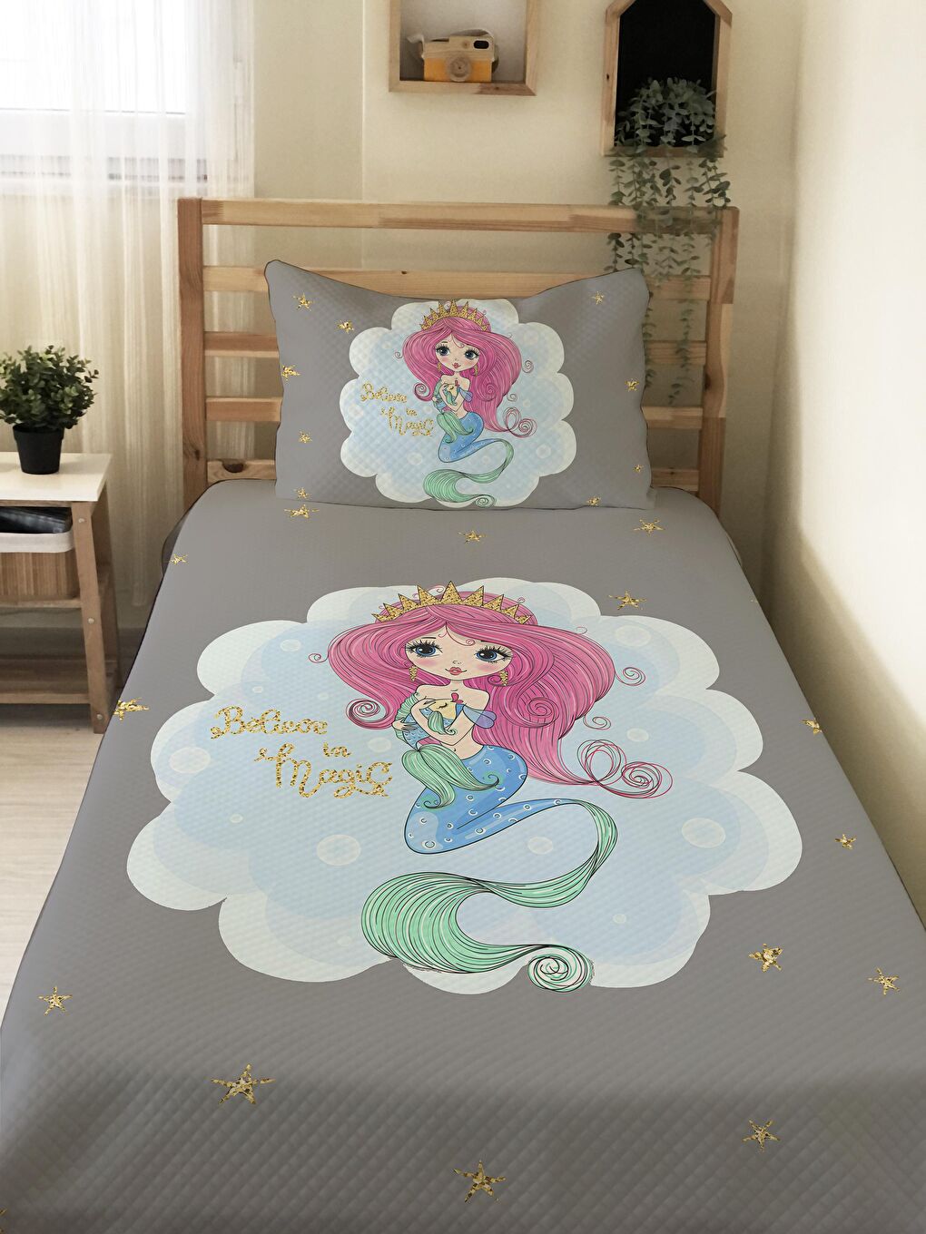 Karışık Deniz Kızı Desenli Soft Baskılı Tek Kişilik 160x220 Cm Pike- Gri