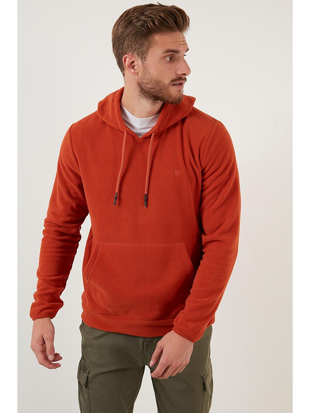 Turuncu Slim Fit Kanguru Cepli Kapüşonlu Polar 5906032