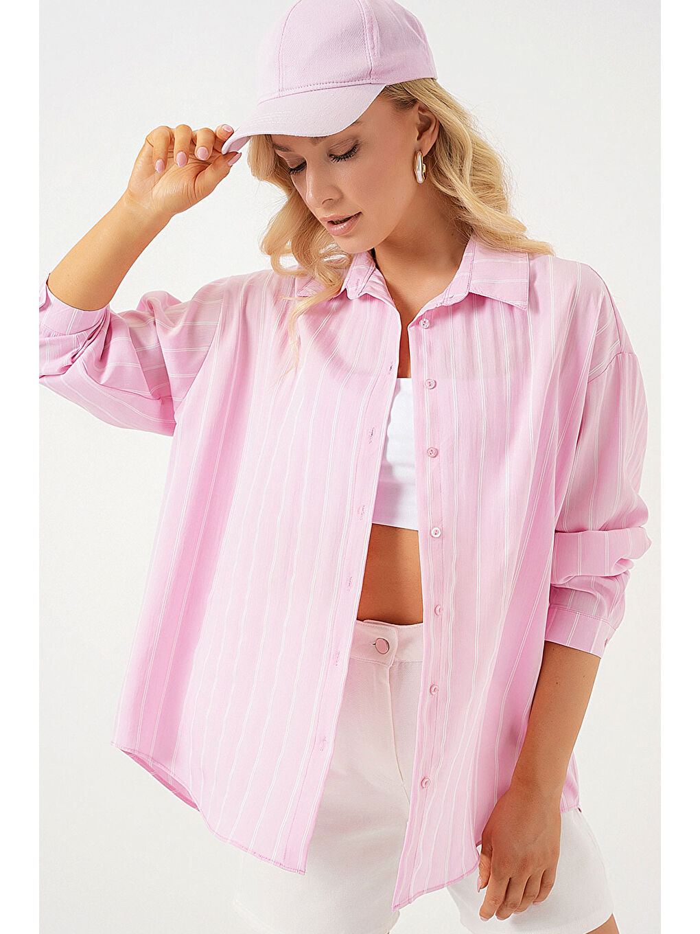 3900 Oversize Kareli Gömlek - Y.Pembe