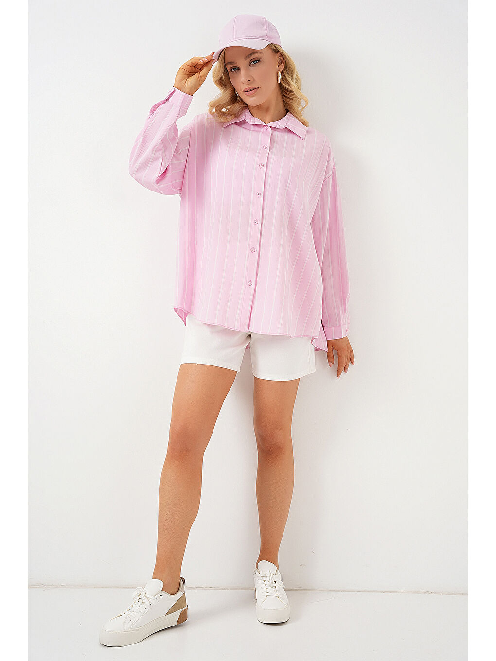 3900 Oversize Kareli Gömlek - Y.Pembe-1