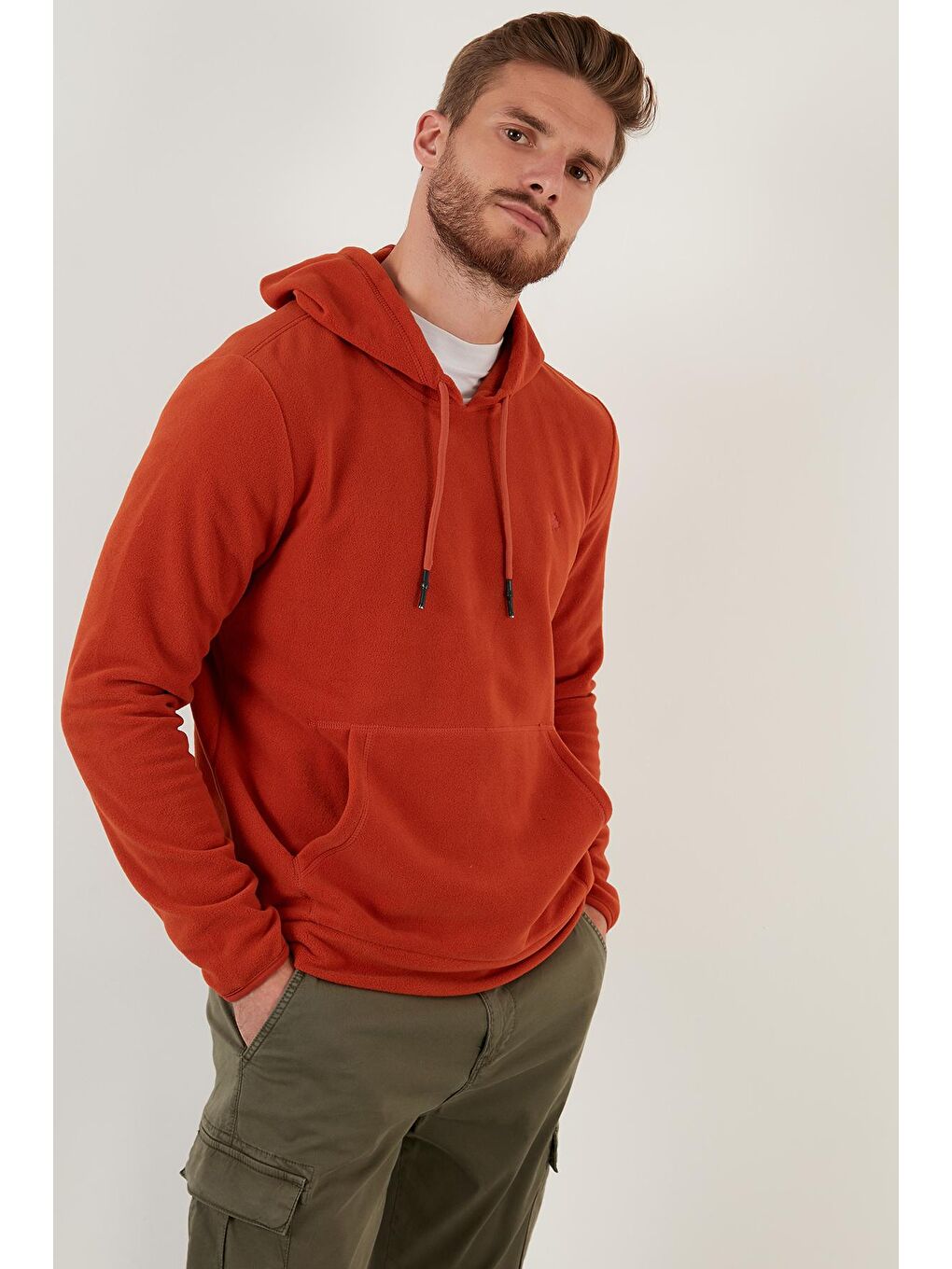 Turuncu Slim Fit Kanguru Cepli Kapüşonlu Polar 5906032-2