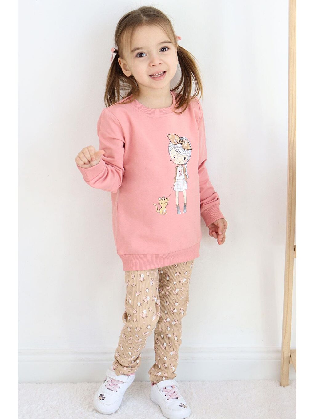 Pembe Kız Çocuk Taytlı Takım Sevimli Kız Baskılı Çiçekli Gülkurusu (2-3 Yaş)-1