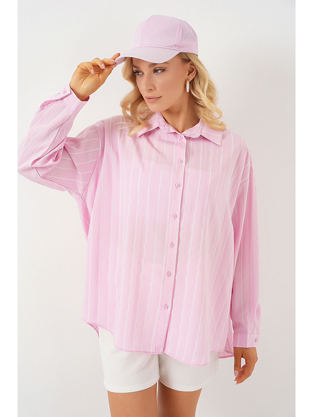 3900 Oversize Kareli Gömlek - Y.Pembe-2