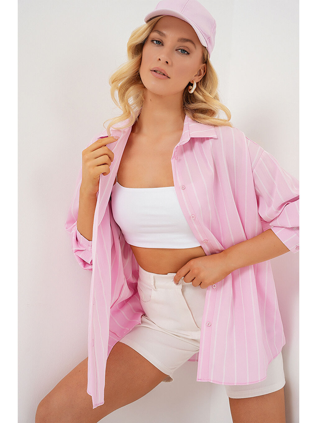 3900 Oversize Kareli Gömlek - Y.Pembe-3