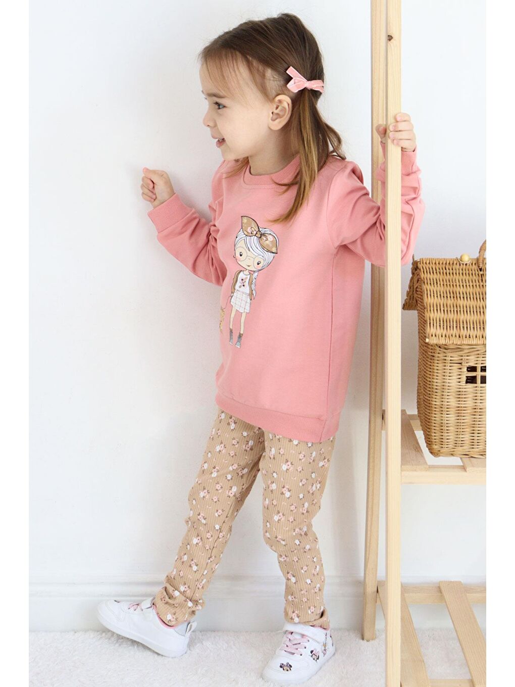 Pembe Kız Çocuk Taytlı Takım Sevimli Kız Baskılı Çiçekli Gülkurusu (2-3 Yaş)-2