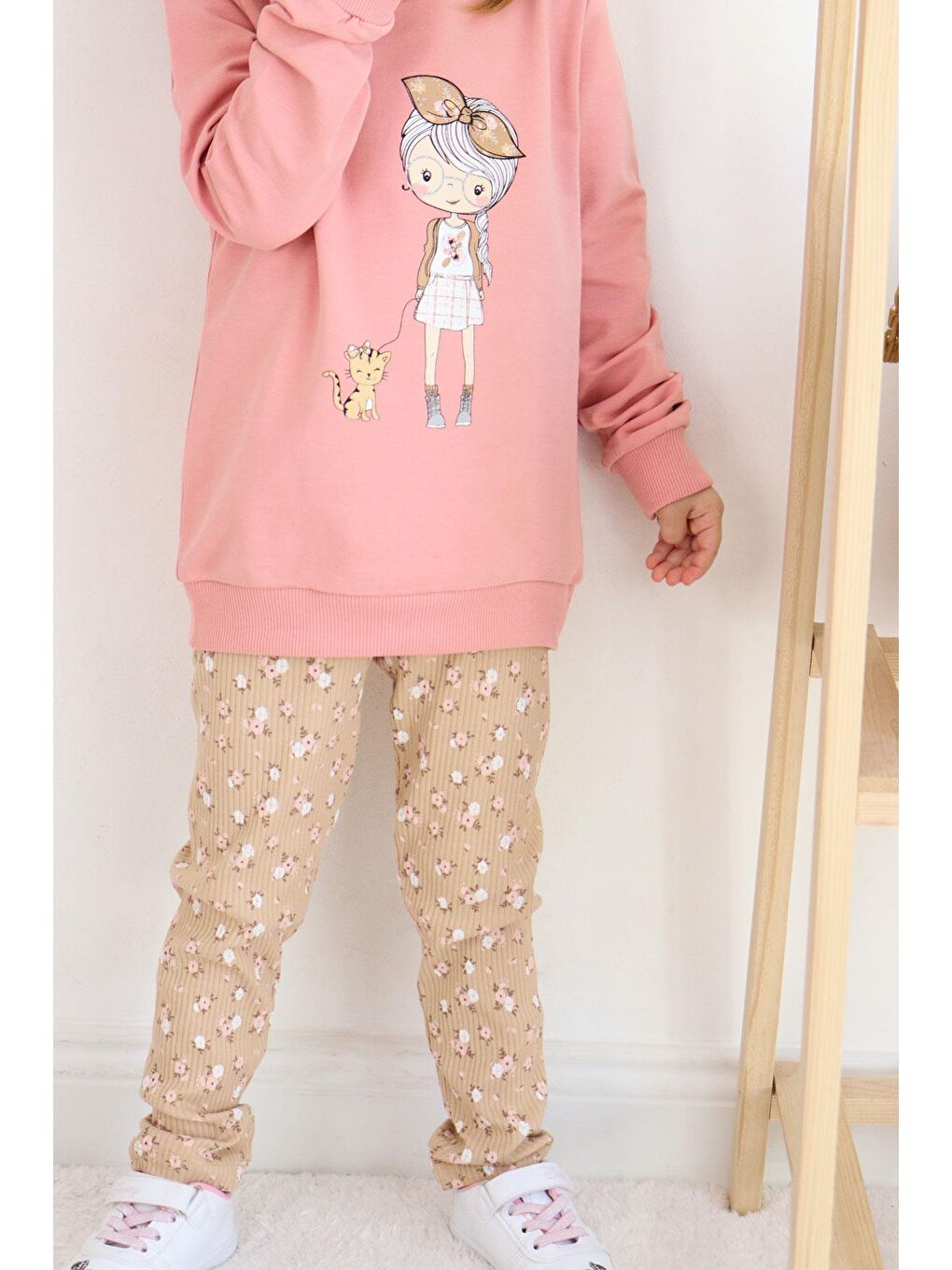 Pembe Kız Çocuk Taytlı Takım Sevimli Kız Baskılı Çiçekli Gülkurusu (2-3 Yaş)-4
