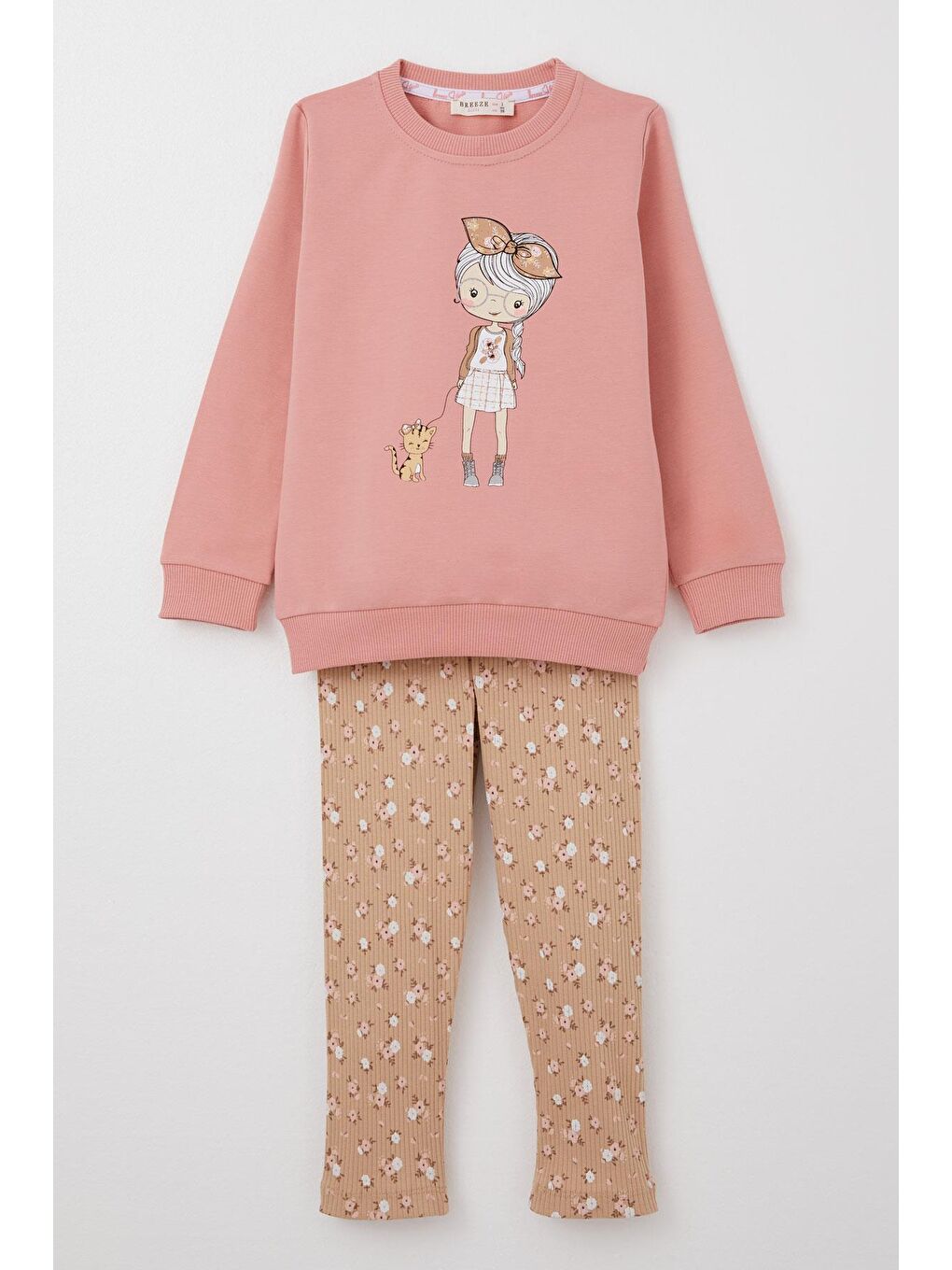 Pembe Kız Çocuk Taytlı Takım Sevimli Kız Baskılı Çiçekli Gülkurusu (2-3 Yaş)-5