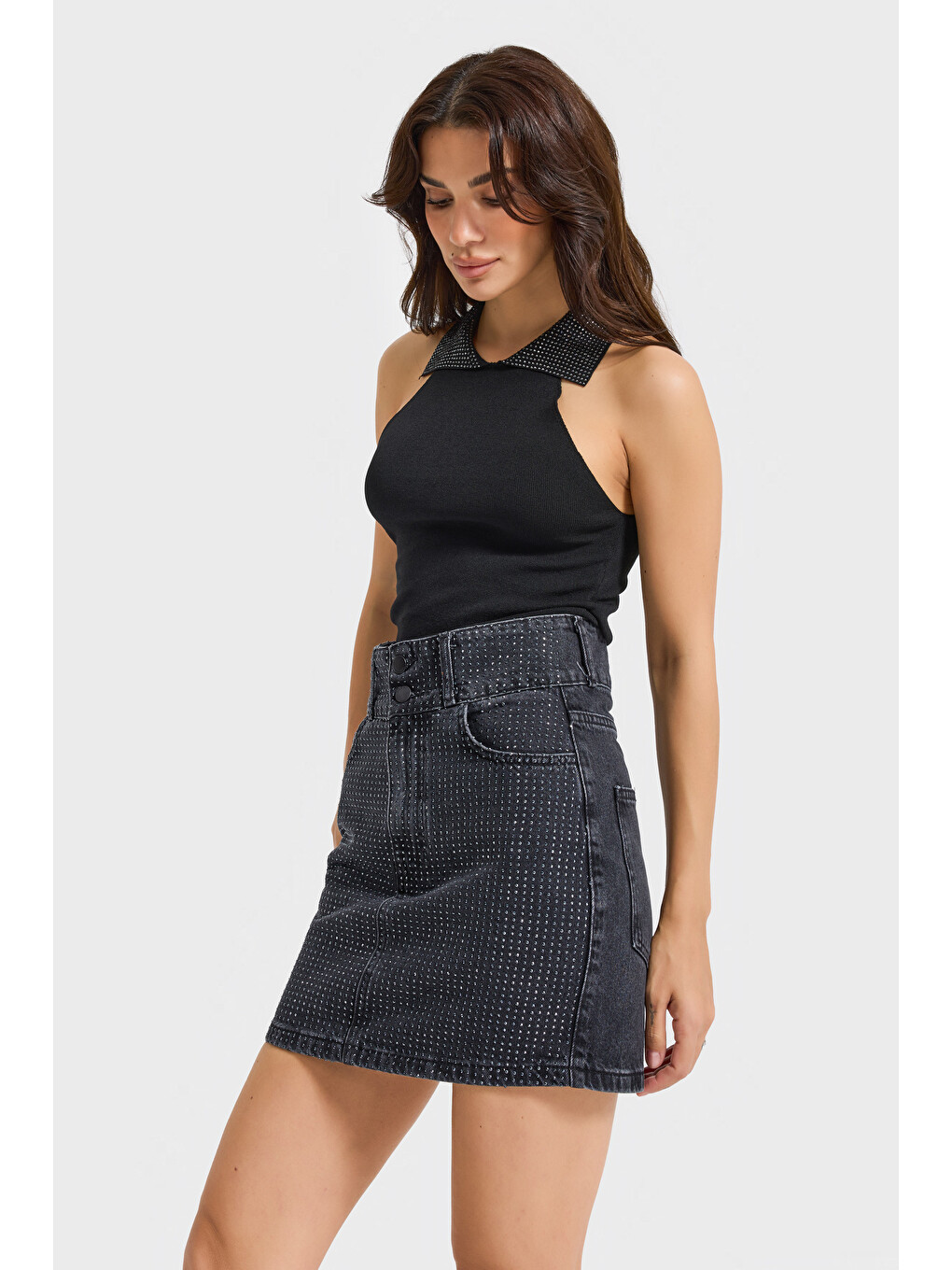 Gri Kadın Koyu Füme Renk 1w5-1 Straight Fit Parlak Taşlı %100 Pamuk Tasarım Mini Denim Etek-2