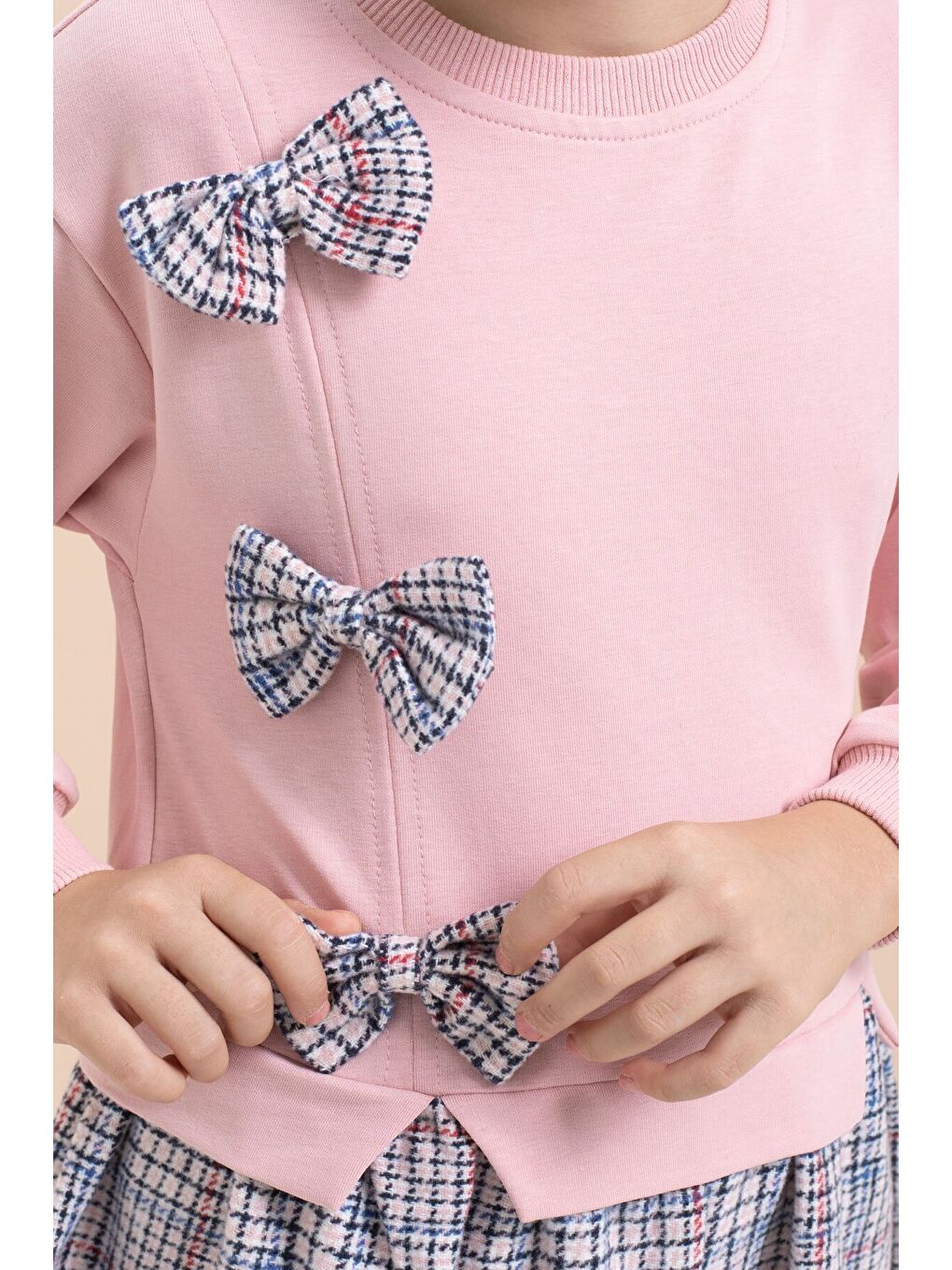 Pembe Kız Çocuk Fiyonk Detaylı Ekose Etekli Elbise 21532-1