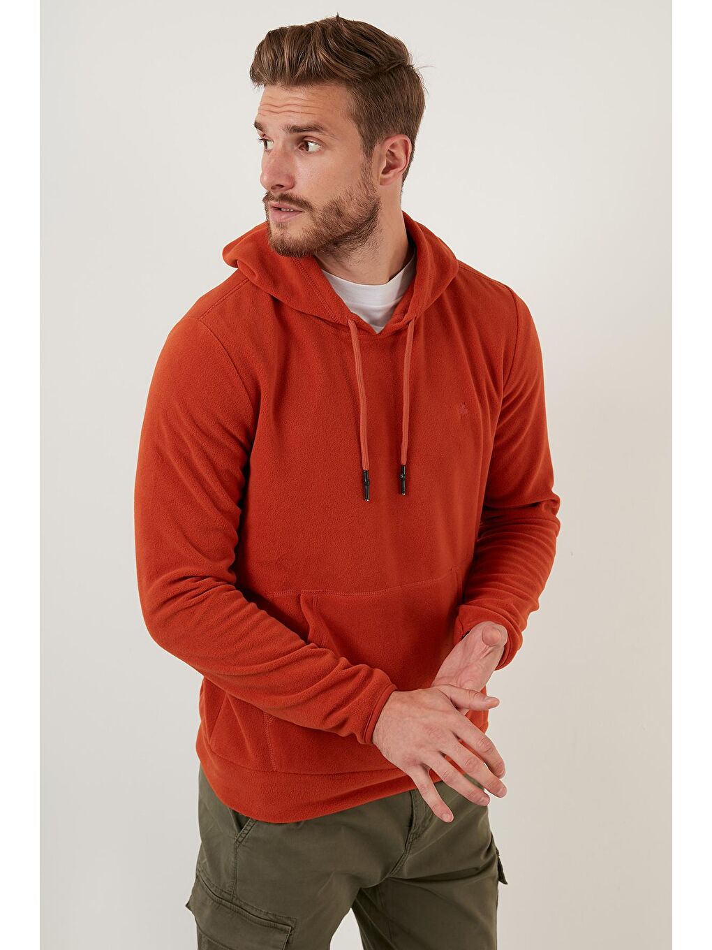Turuncu Slim Fit Kanguru Cepli Kapüşonlu Polar 5906032-3
