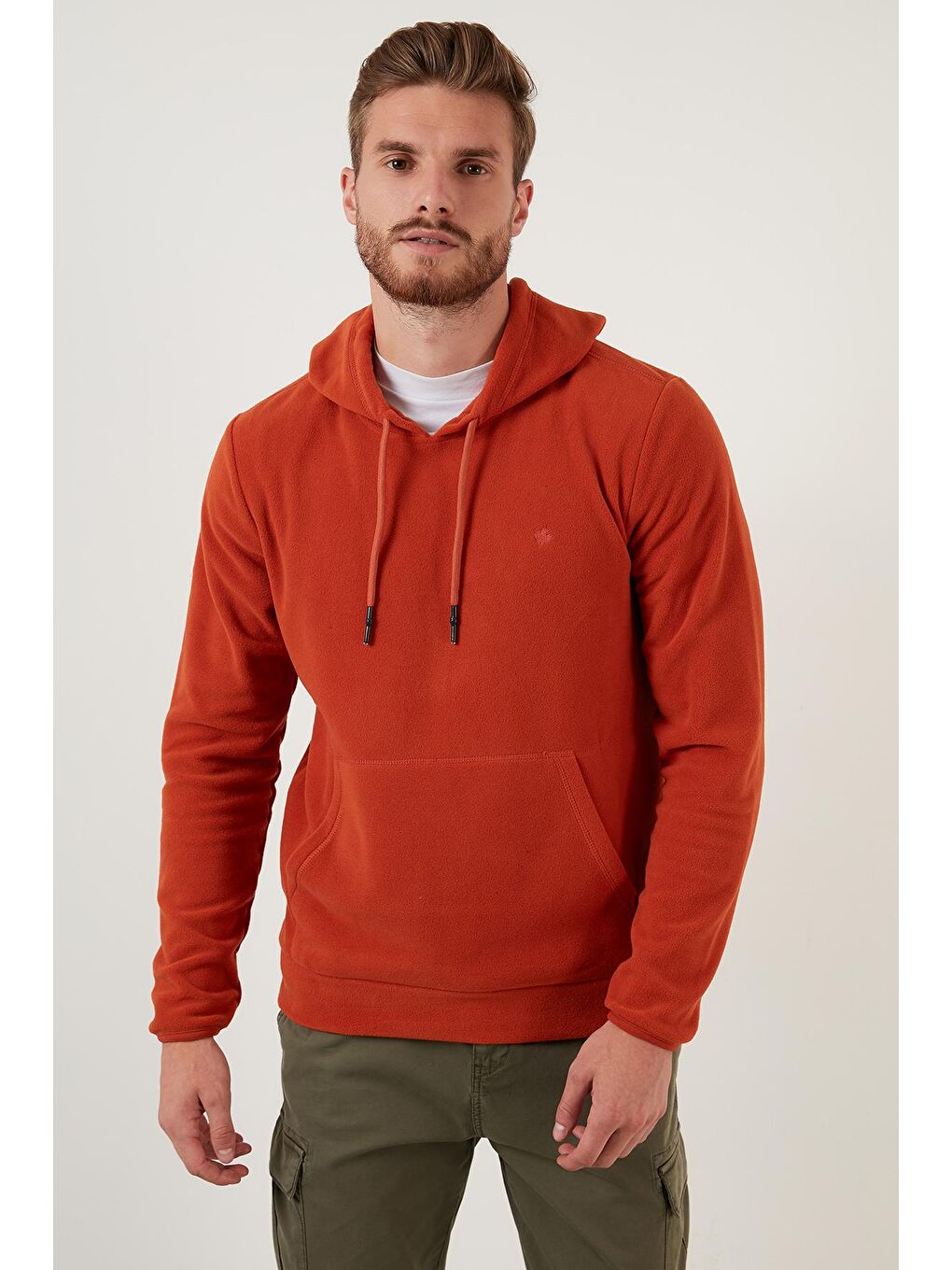 Turuncu Slim Fit Kanguru Cepli Kapüşonlu Polar 5906032-4