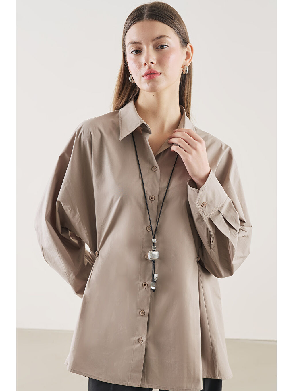 Bej Bel Ayarlamalı Gömlek Vizon-3