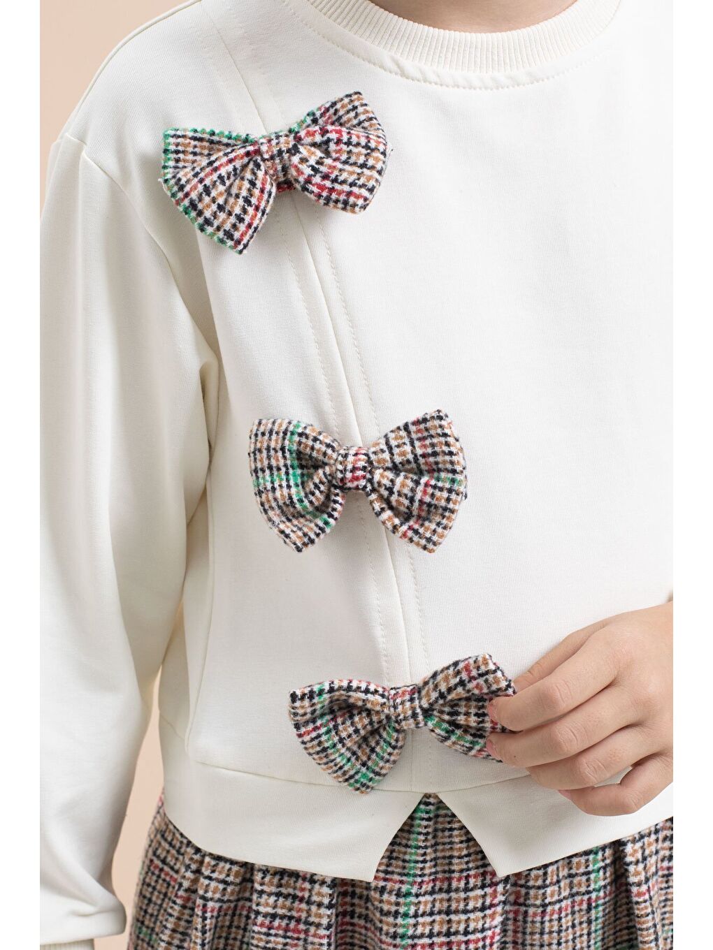 Beyaz Kız Çocuk Fiyonk Detaylı Ekose Etekli Elbise 21533-1