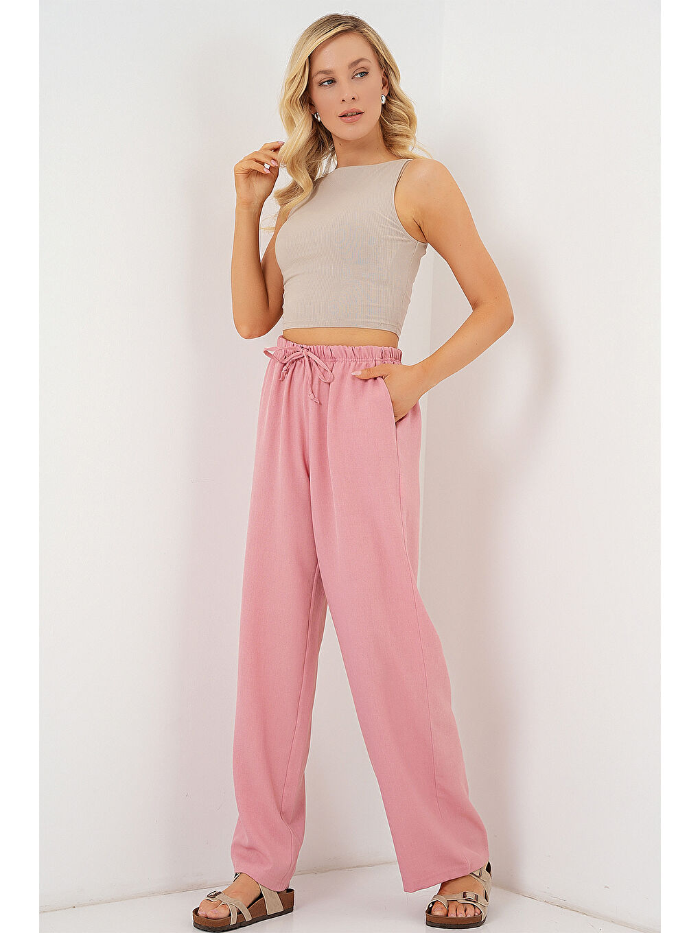 Pembe Kadın Geniş Paça Keten Pantolon 6735 - Pudra