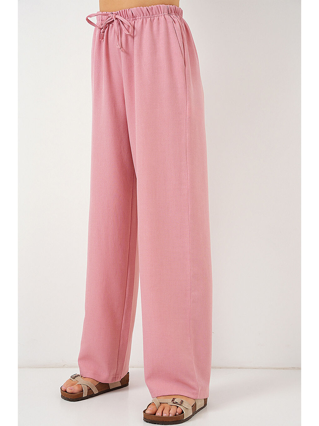 Pembe Kadın Geniş Paça Keten Pantolon 6735 - Pudra-1