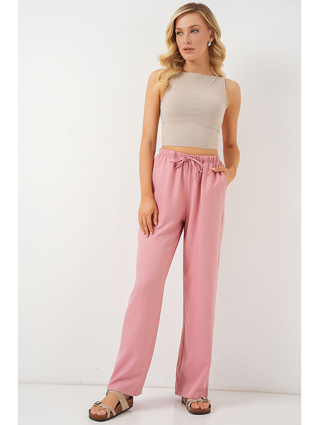 Pembe Kadın Geniş Paça Keten Pantolon 6735 - Pudra-2