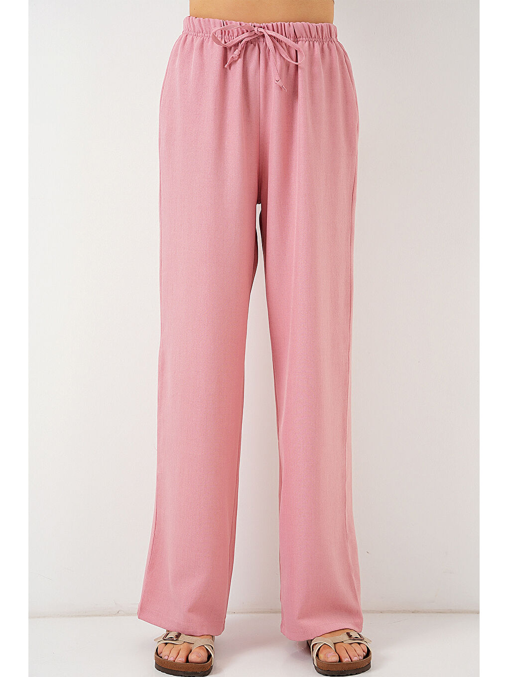 Pembe Kadın Geniş Paça Keten Pantolon 6735 - Pudra-3