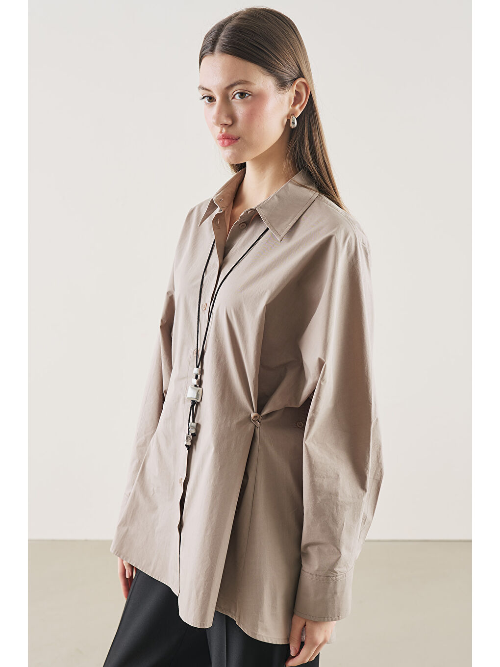 Bej Bel Ayarlamalı Gömlek Vizon-6