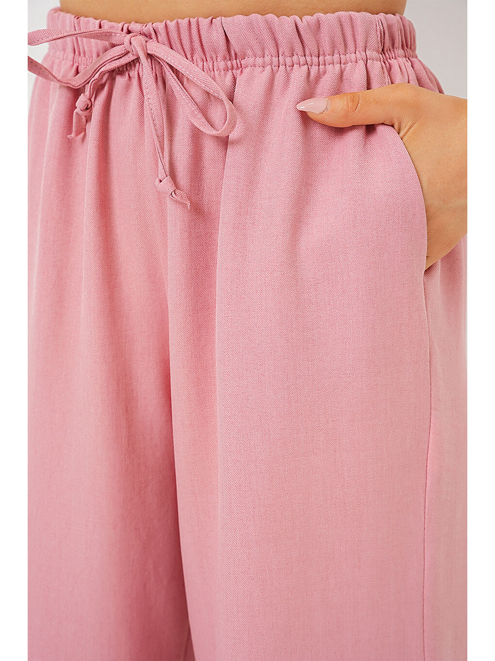 Pembe Kadın Geniş Paça Keten Pantolon 6735 - Pudra-4