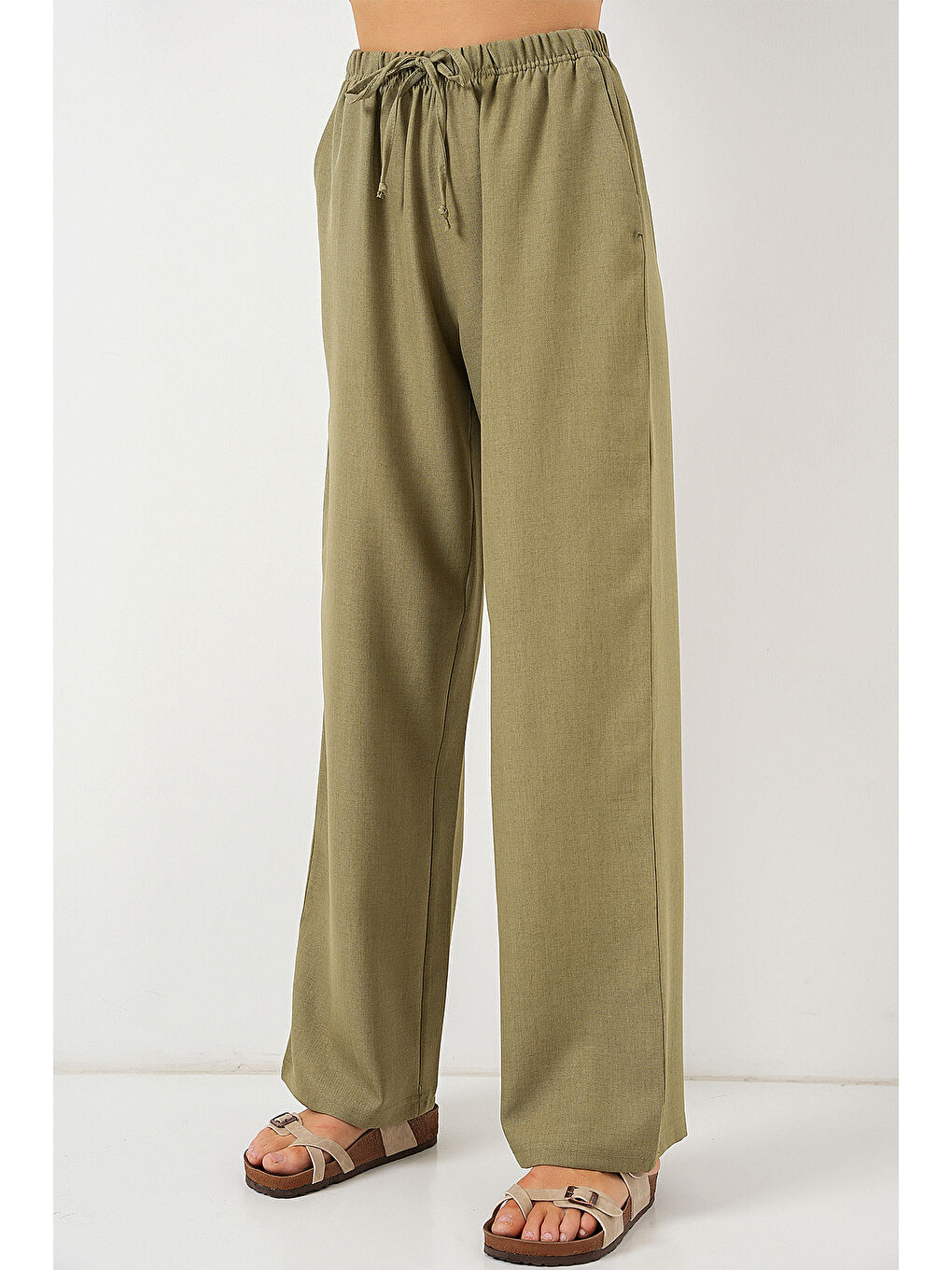 Yeşil Kadın Geniş Paça Keten Pantolon 6735 - Çağla-1