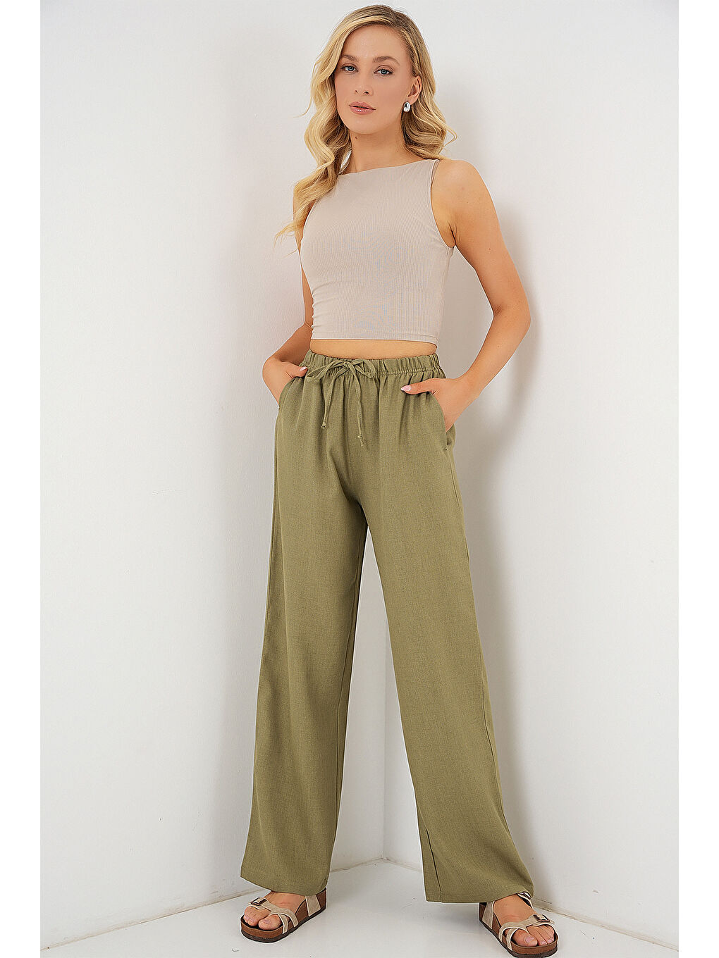 Yeşil Kadın Geniş Paça Keten Pantolon 6735 - Çağla-2