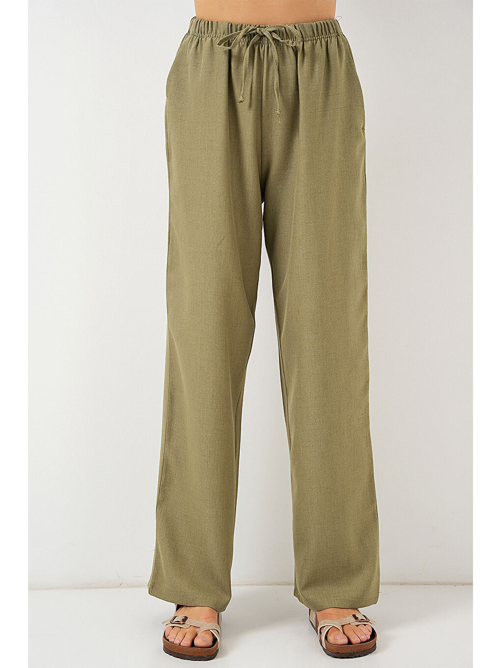 Yeşil Kadın Geniş Paça Keten Pantolon 6735 - Çağla-3