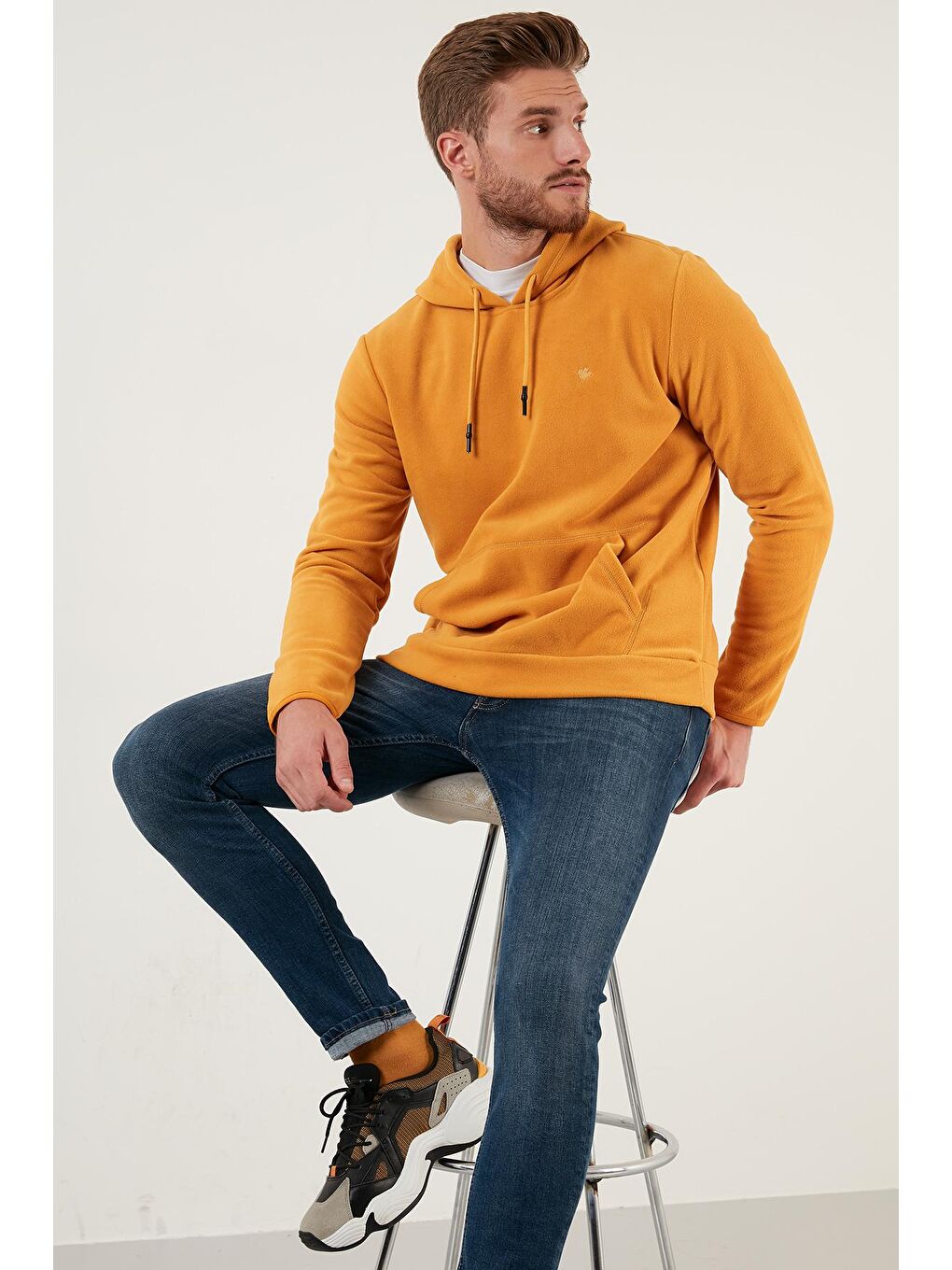 Sarı Slim Fit Kanguru Cepli Kapüşonlu Polar 5906032