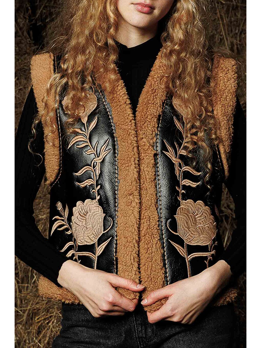 Kahverengi Nakış İşlemeli Camel Kovboy Yelek-3