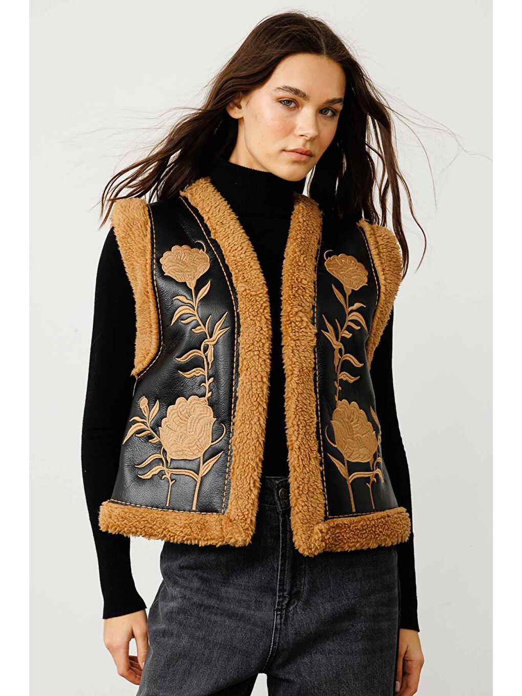 Kahverengi Nakış İşlemeli Camel Kovboy Yelek-4