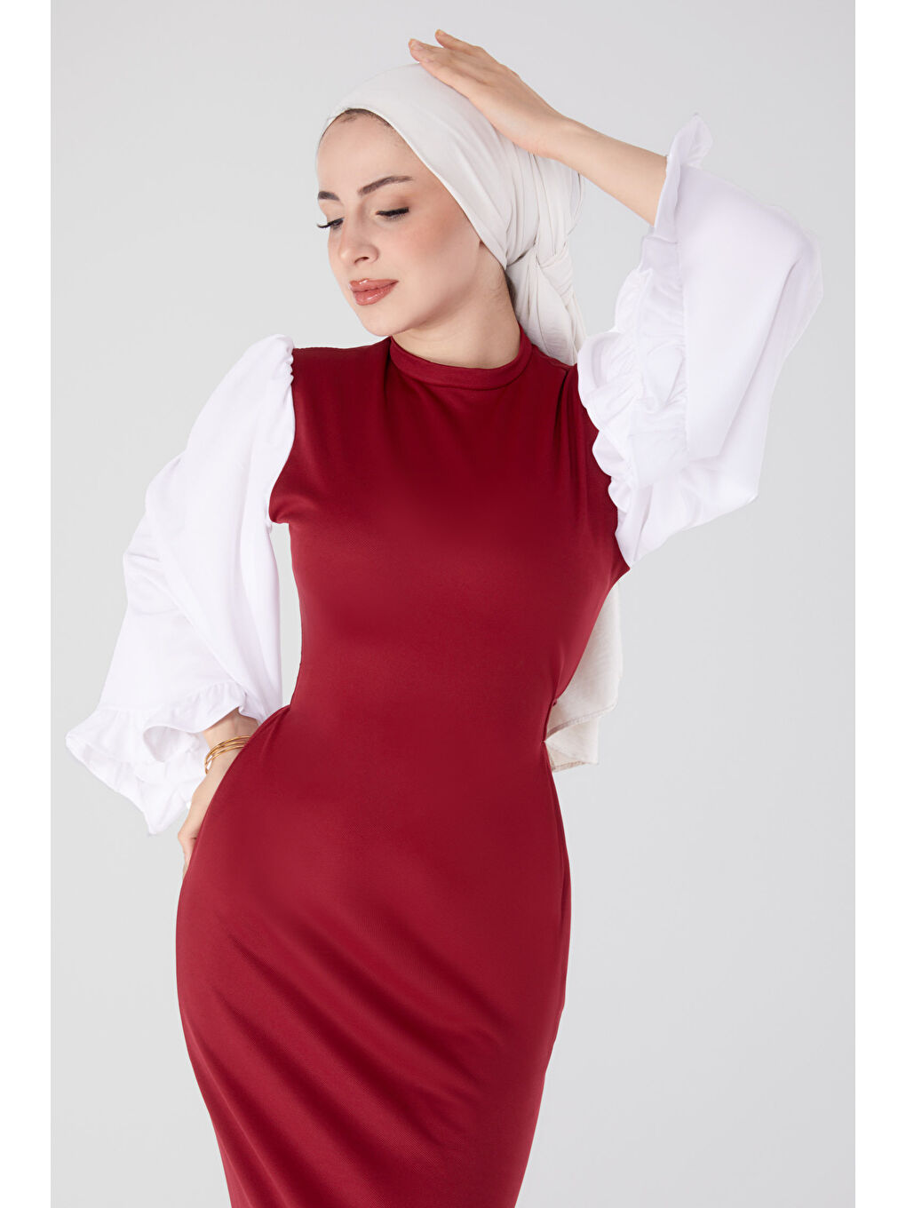 İspanyol Kol Detaylı Elbise Bordo - 13195-2