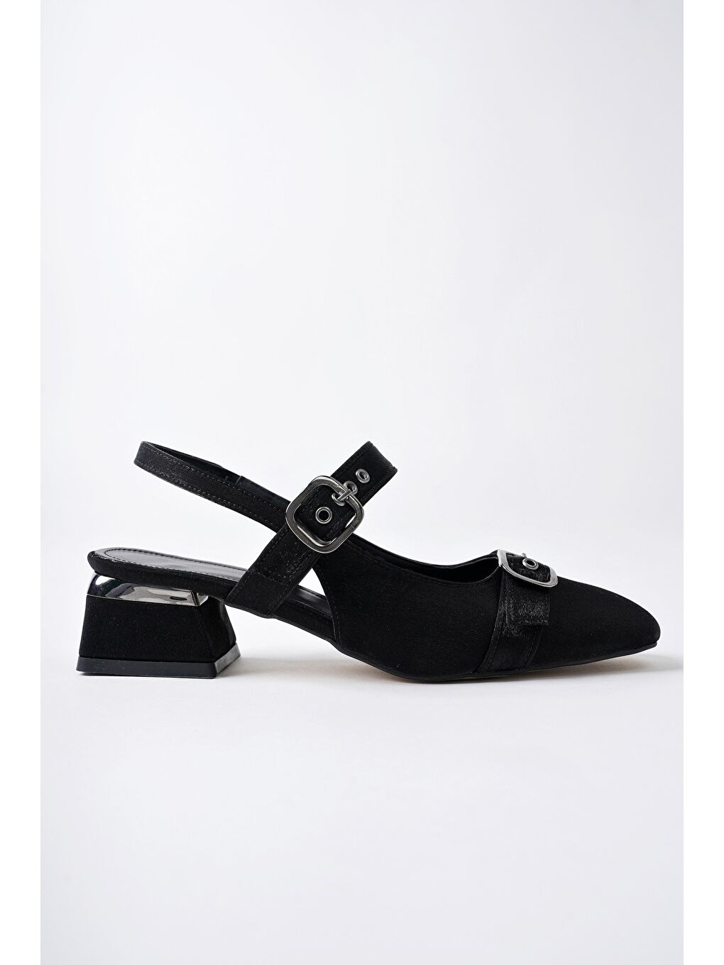 Siyah GİGİ Arkası Açık Küt Burun Çift Kemerli Kadın Günlük Klasik Kısa Topuklu Ayakkabı