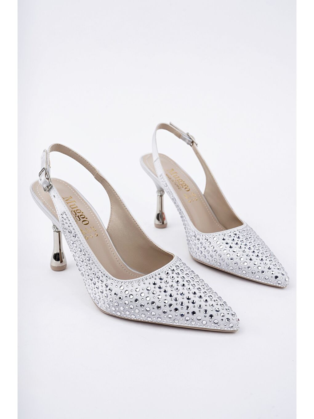 Gri JİSOO Sivri Burun Taşlı Arkası Açık Klasik Topuklu Kadın Abiye Ayakkabı