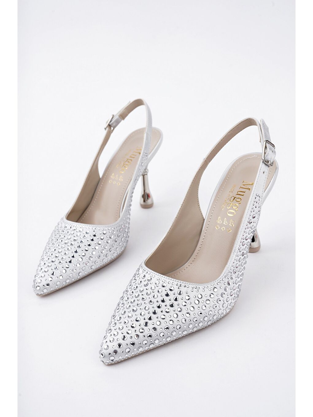 Gri JİSOO Sivri Burun Taşlı Arkası Açık Klasik Topuklu Kadın Abiye Ayakkabı-4