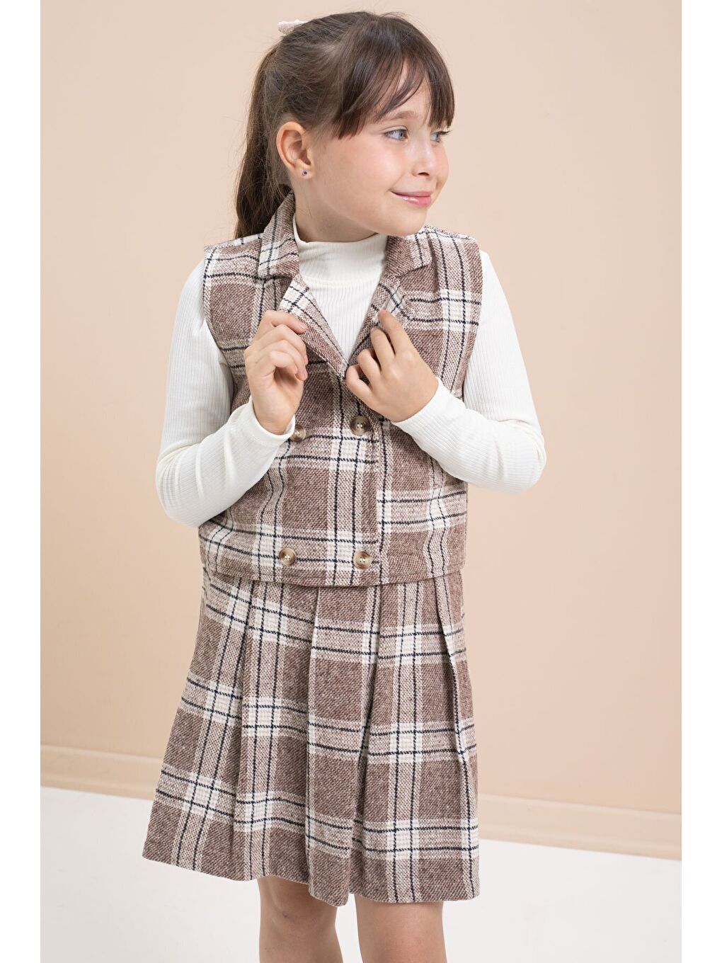Kahverengi Ekose Desenli Düğme Detaylı Ceketli Kız Çocuk 2'li Takım 21541-1