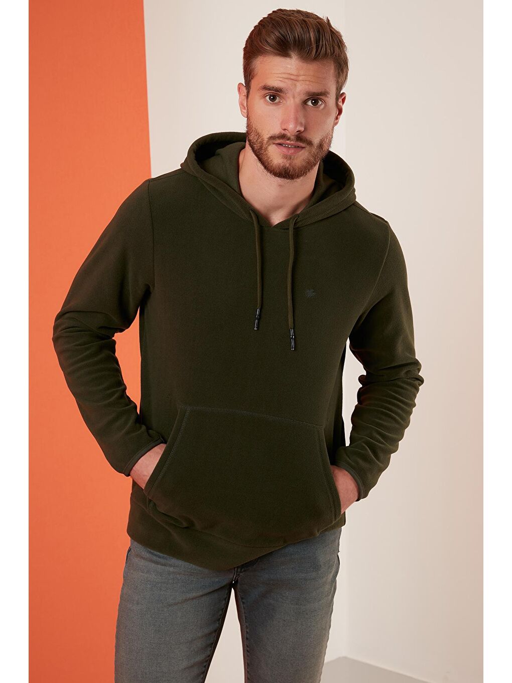 Haki Slim Fit Kanguru Cepli Kapüşonlu Polar 5906032