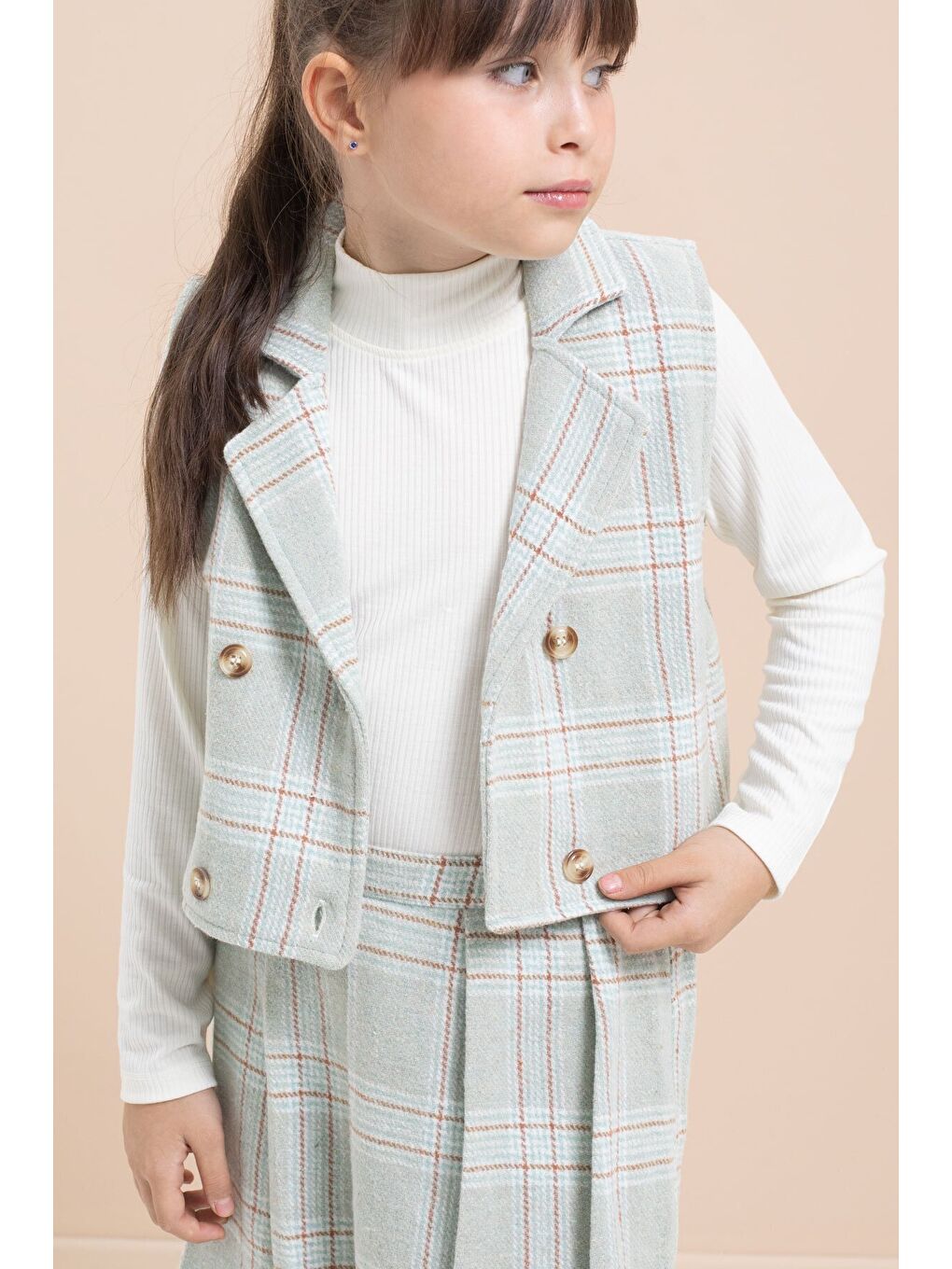 Yeşil Mint Ekose Desenli Düğme Detaylı Ceketli Kız Çocuk 2'li Takım 21542-1