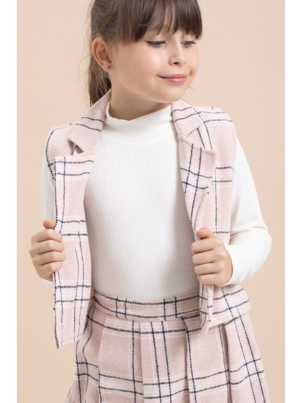 Pembe Ekose Desenli Düğme Detaylı Ceketli Kız Çocuk 2'li Takım 21540-1