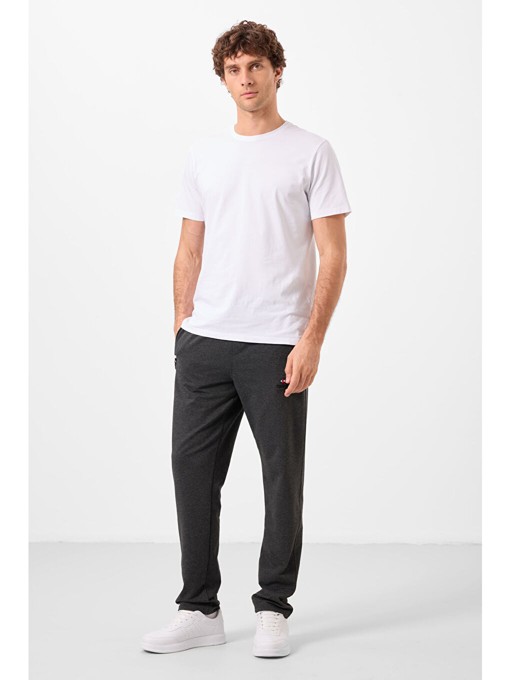 Antrasit Melanj - Siyah Fermuar Cepli Dar Kalıp Klasik Paça Erkek Eşofman Alt - 84649-1