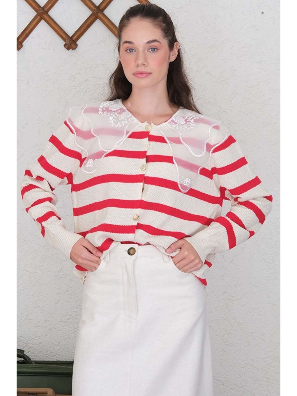 Dantel Yakalı Çizgili Kırmızı Triko Hırka-5