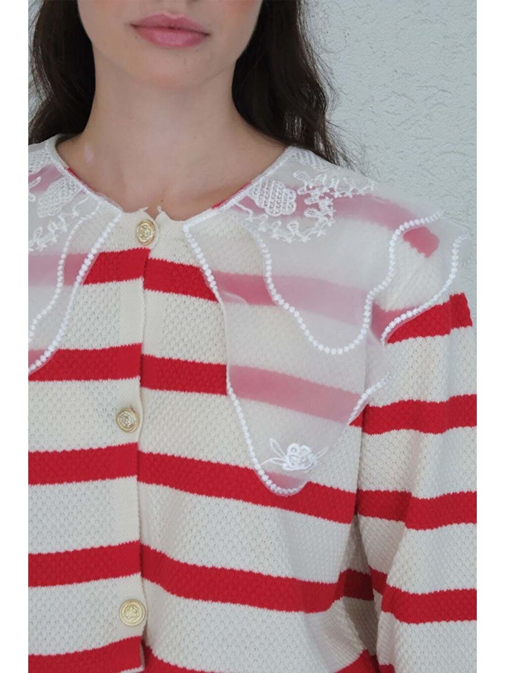 Dantel Yakalı Çizgili Kırmızı Triko Hırka-6