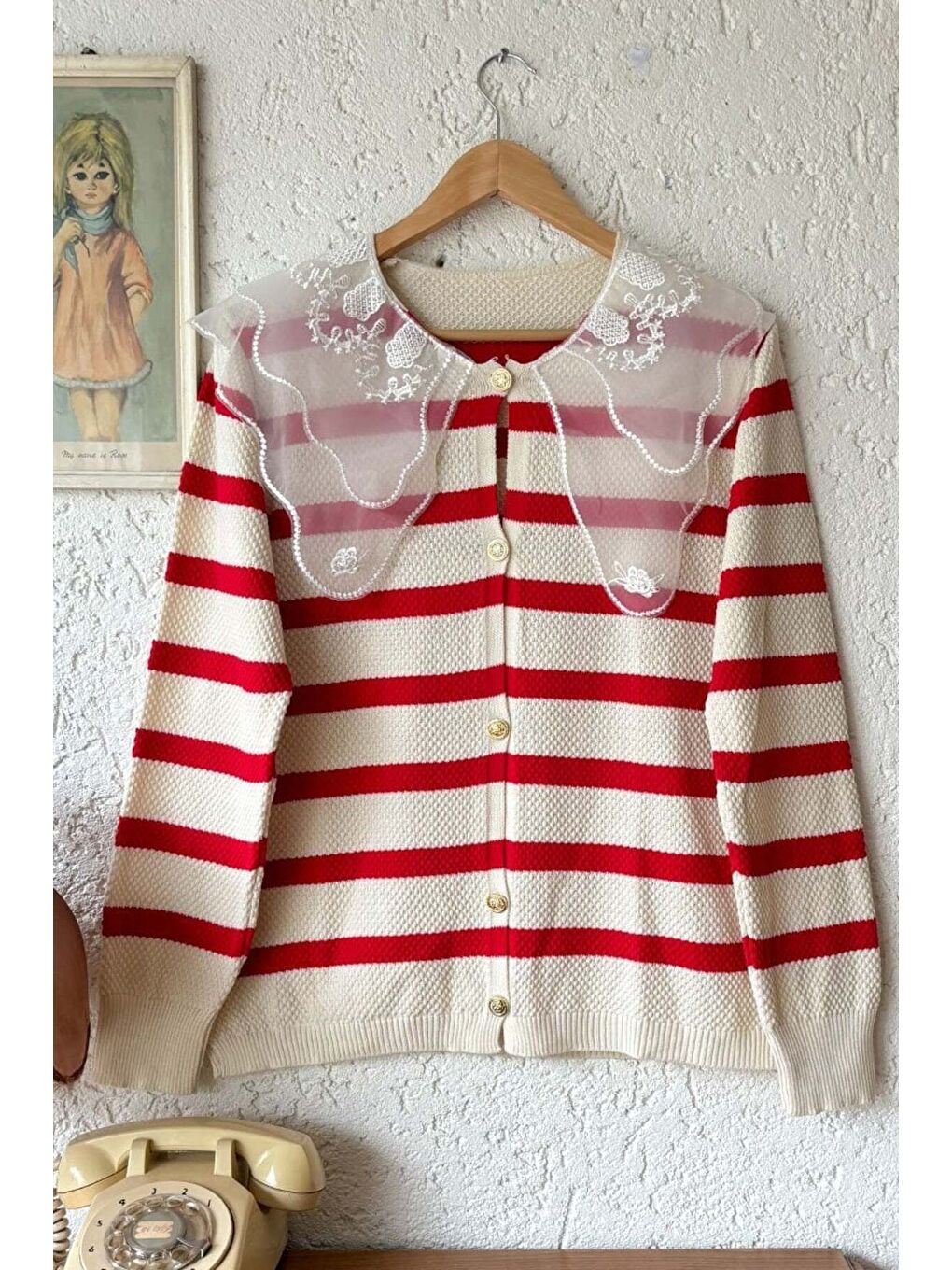 Dantel Yakalı Çizgili Kırmızı Triko Hırka-7