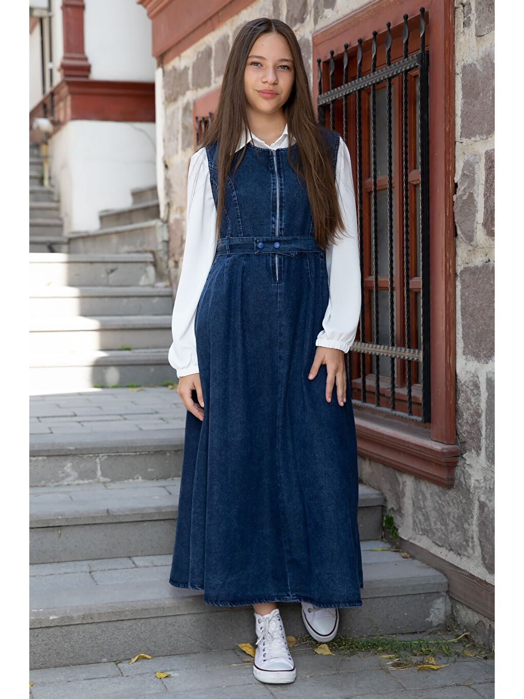 Mavi Önü Fermuarlı Klasik Gömlekli Kız Çocuk Kuşaklı Jean Elbise 22737-3