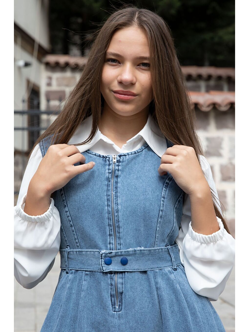 Lacivert Önü Fermuarlı Klasik Gömlekli Kız Çocuk Kuşaklı Jean Elbise 22738-1