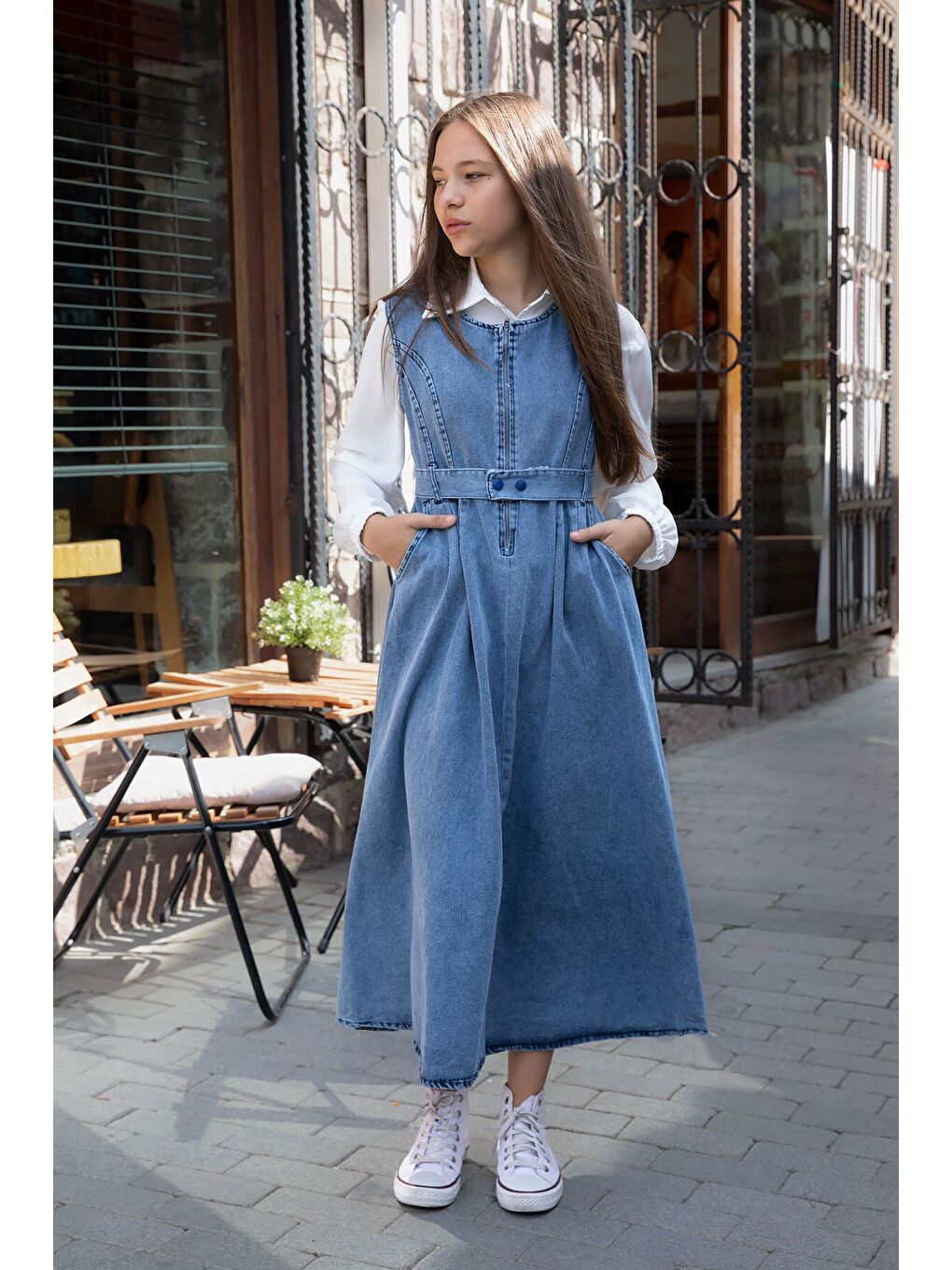 Lacivert Önü Fermuarlı Klasik Gömlekli Kız Çocuk Kuşaklı Jean Elbise 22738-2