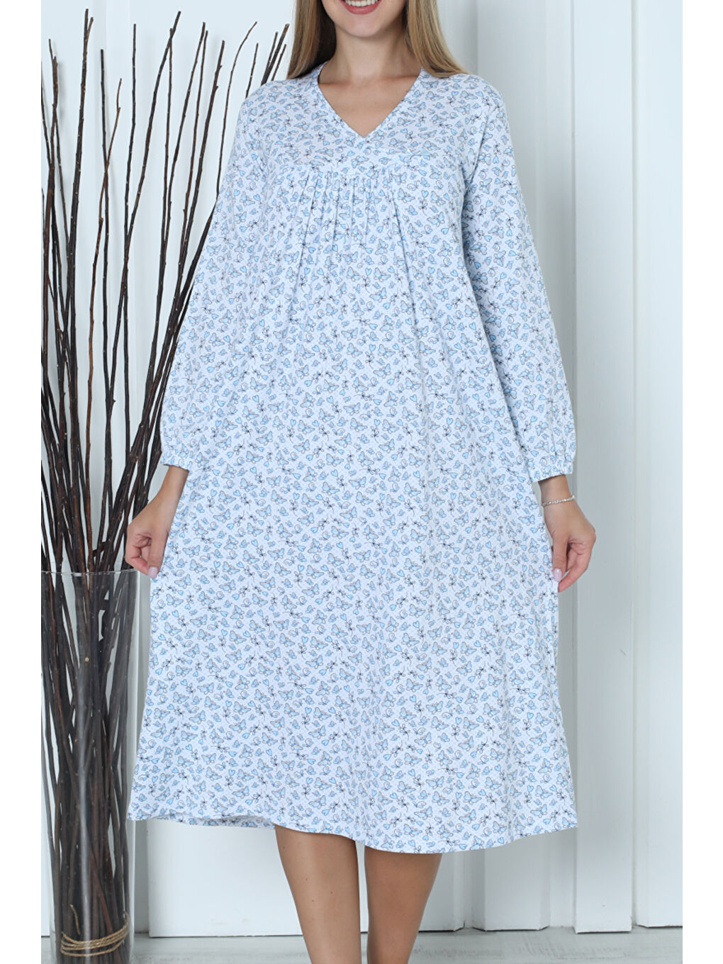 Mavi Kadın Tunik Uzun Gecelik Uzun Kollu Büyük Beden Pamuklu MAVİ-1