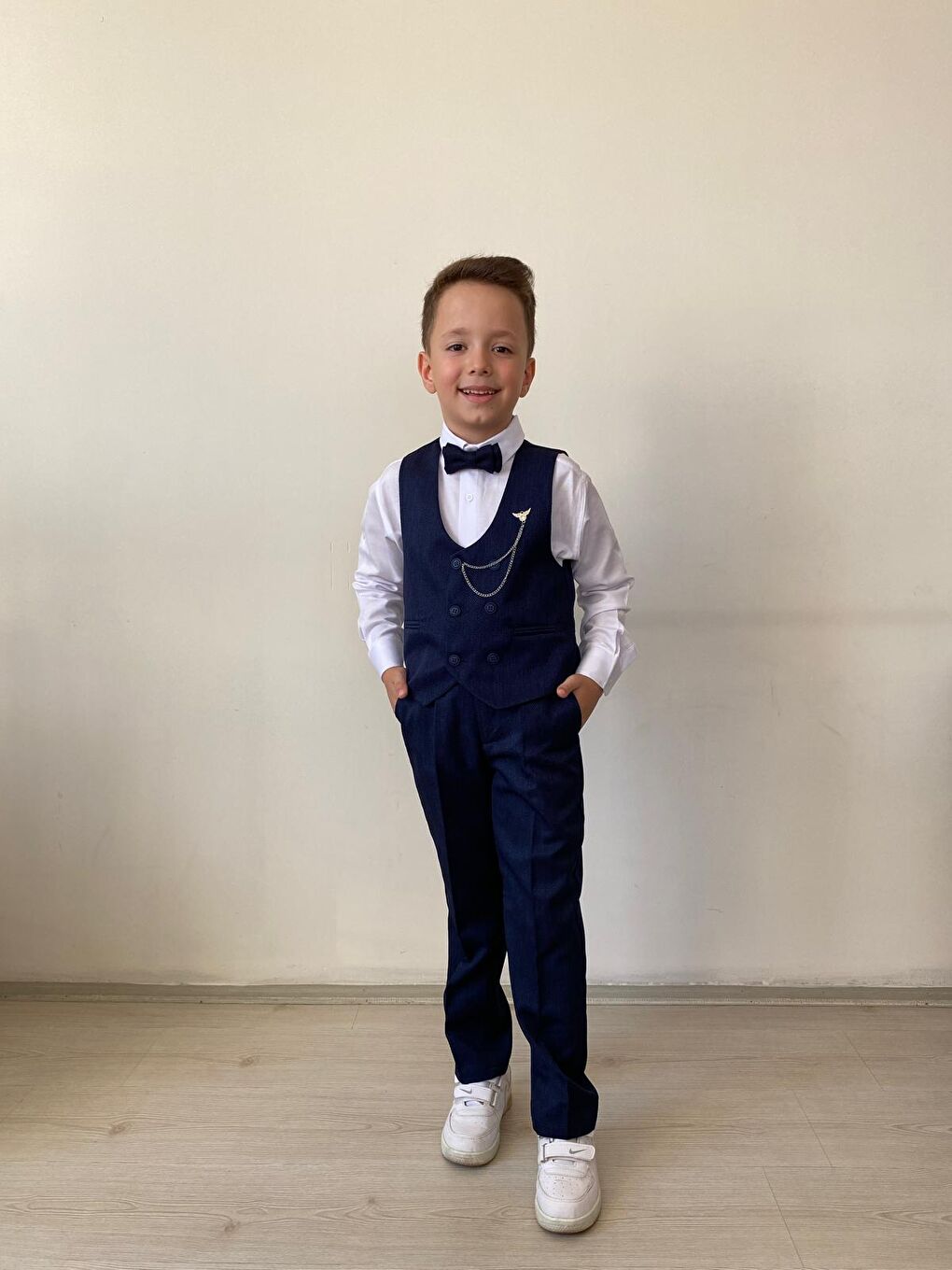 Mavi Erkek Çocuk Takım Elbise Papyonlu Yelekli Takım Elbise TE.9999-2