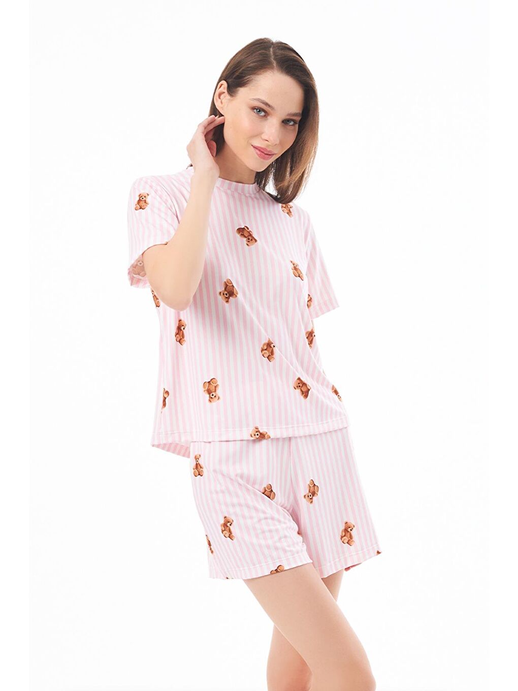 Pembe Premium Şortlu Kadın Pijama Takımı Krem Ayıcık Desenli Yumuşak Dokulu Bisiklet Yaka Kısa Kollu
