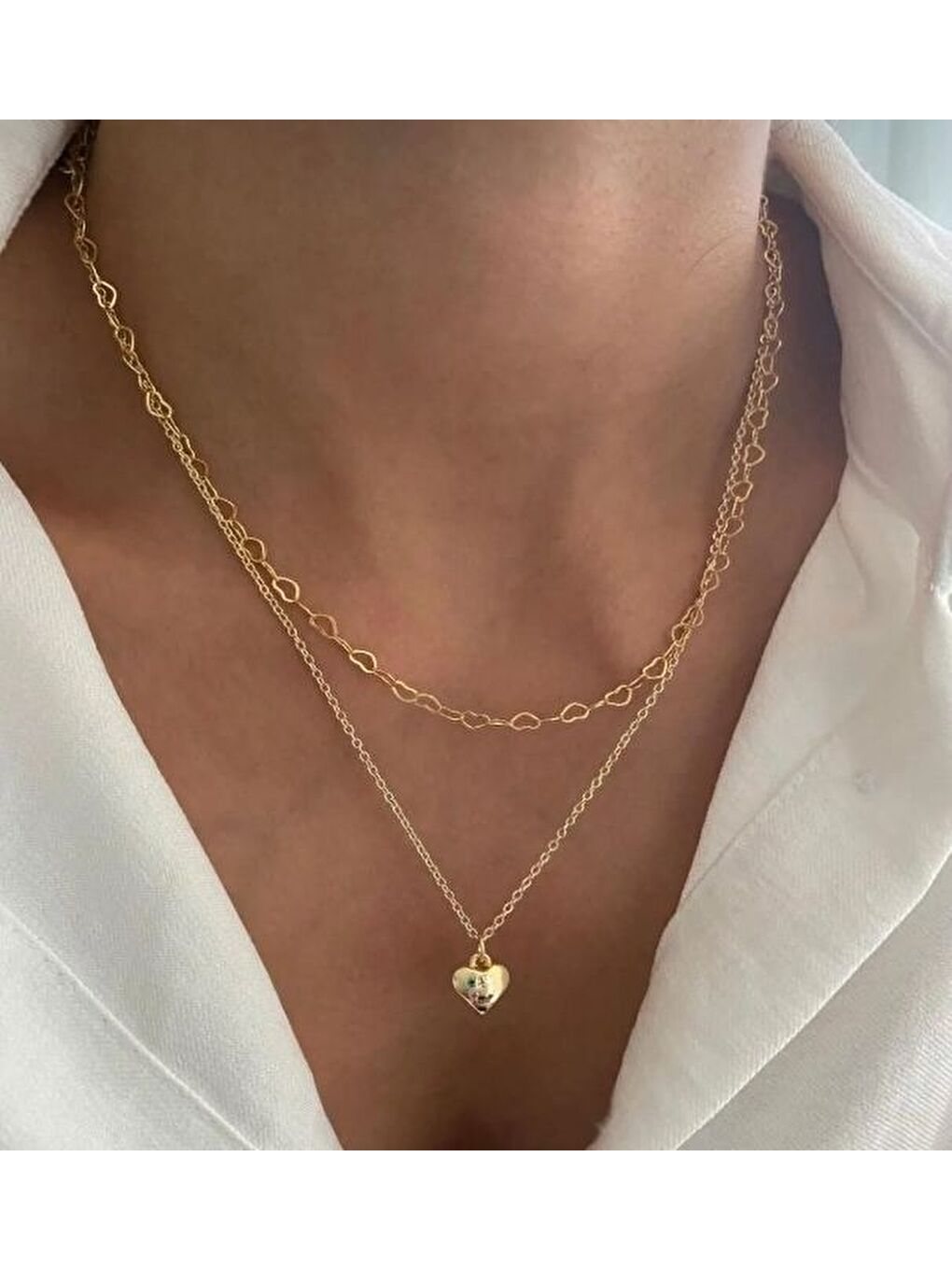 Sarı Kadın Altın Kaplama İkili Zincir Kalp Kolye SPRTAKI105
