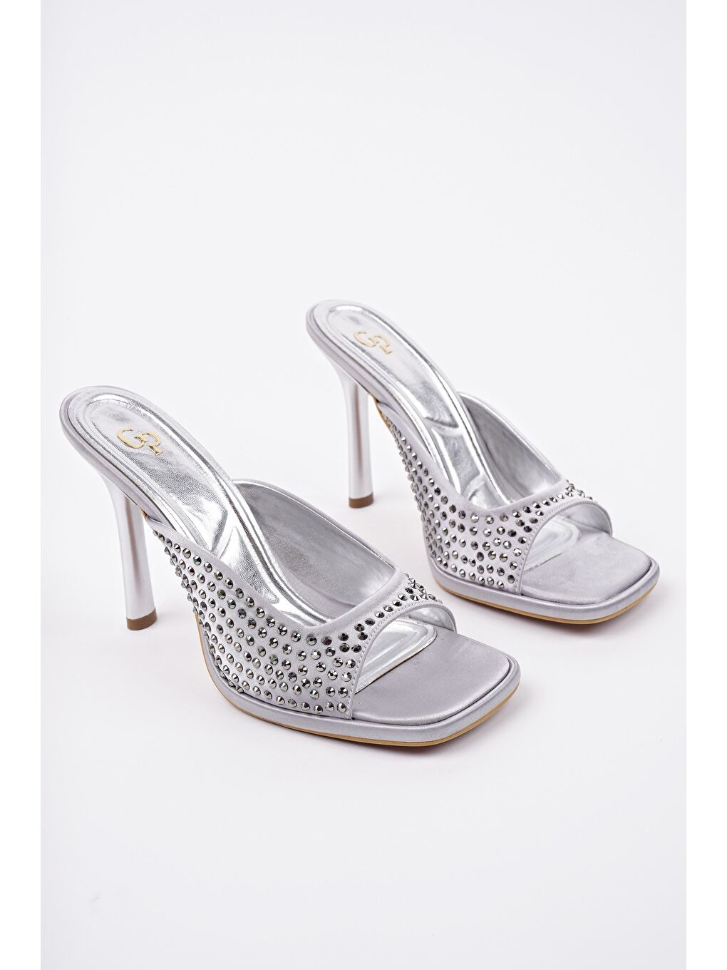 Gri PUJA Küt Burun İnce Topuklu Taşlı Kadın Topuklu Terlik-2