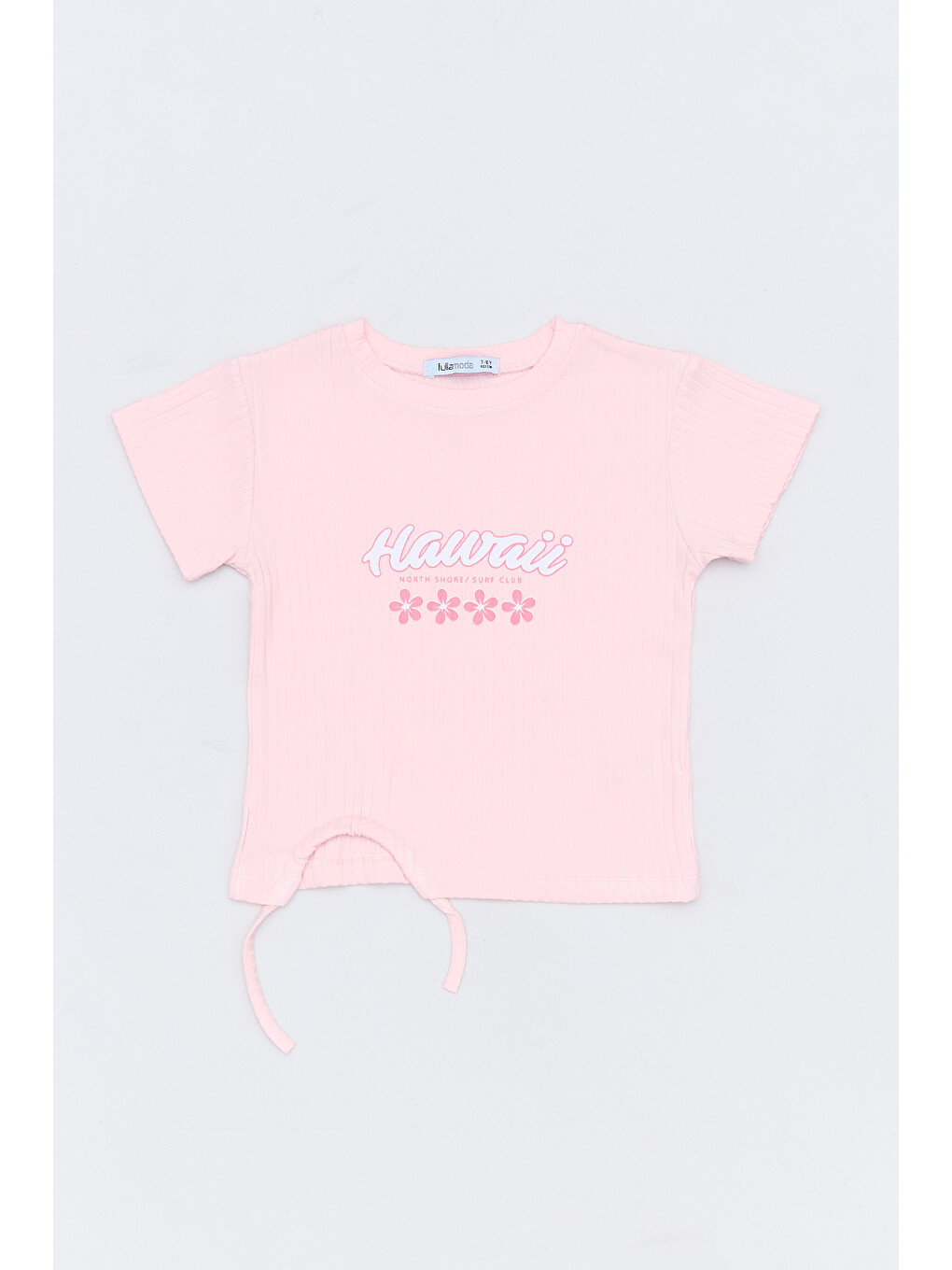 Pembe Hawaii Yazı Baskılı Fitilli Yanı Büzgülü Kız Çocuk Tişört